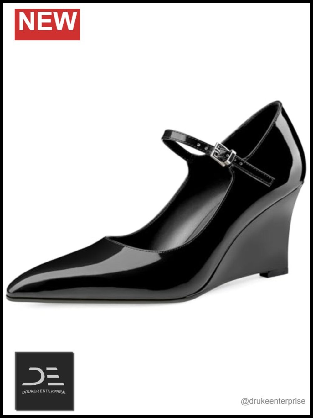 Women's Pointed Toe Mary Jane Wedge Heels Adjustable Ankle Strap Patent Leather